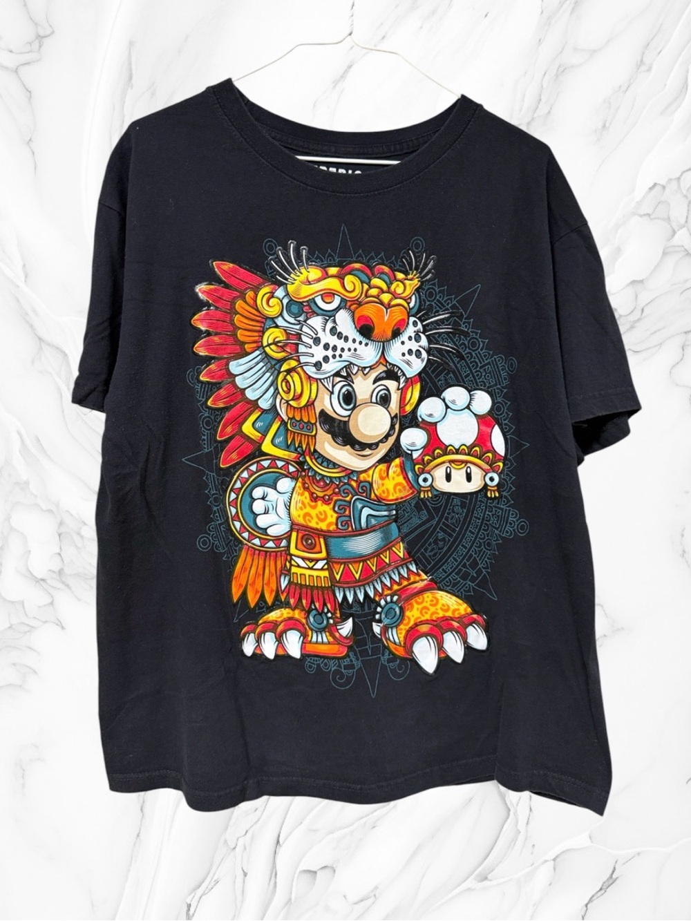 Black Mario Bros Aztec warrior Graphic Tee Colorful Tribal-Inspired Character L